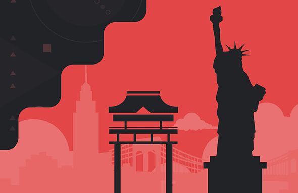 The Statue of Liberty with other world landmarks in the background
