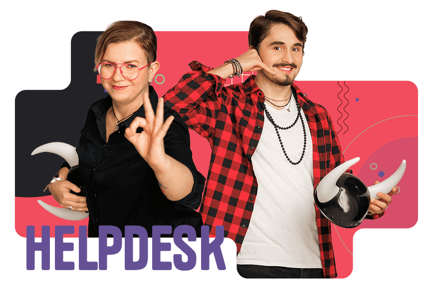 Two smiling help desk agents — a woman making an OK gesture and a man holding a horned helmet against a red background.